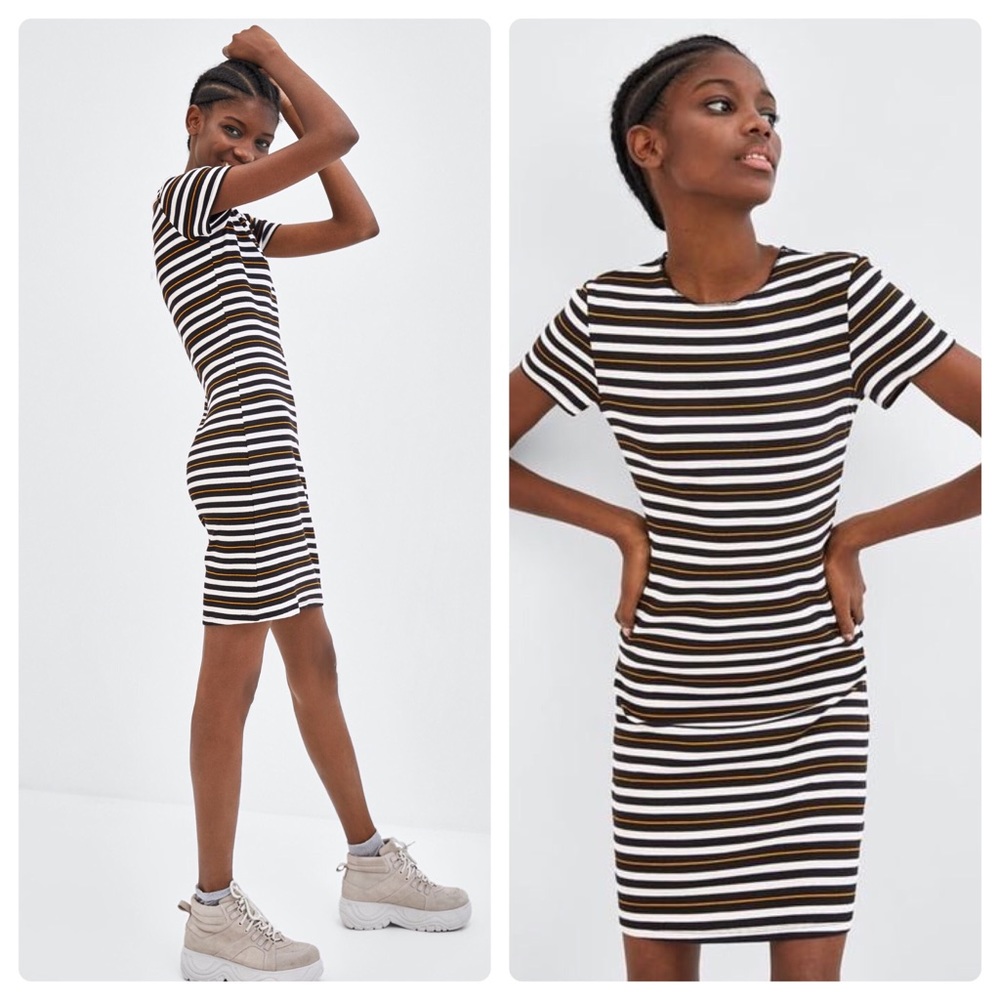 Zara Trafaluc Striped Ribbed Cotton Dress, Small